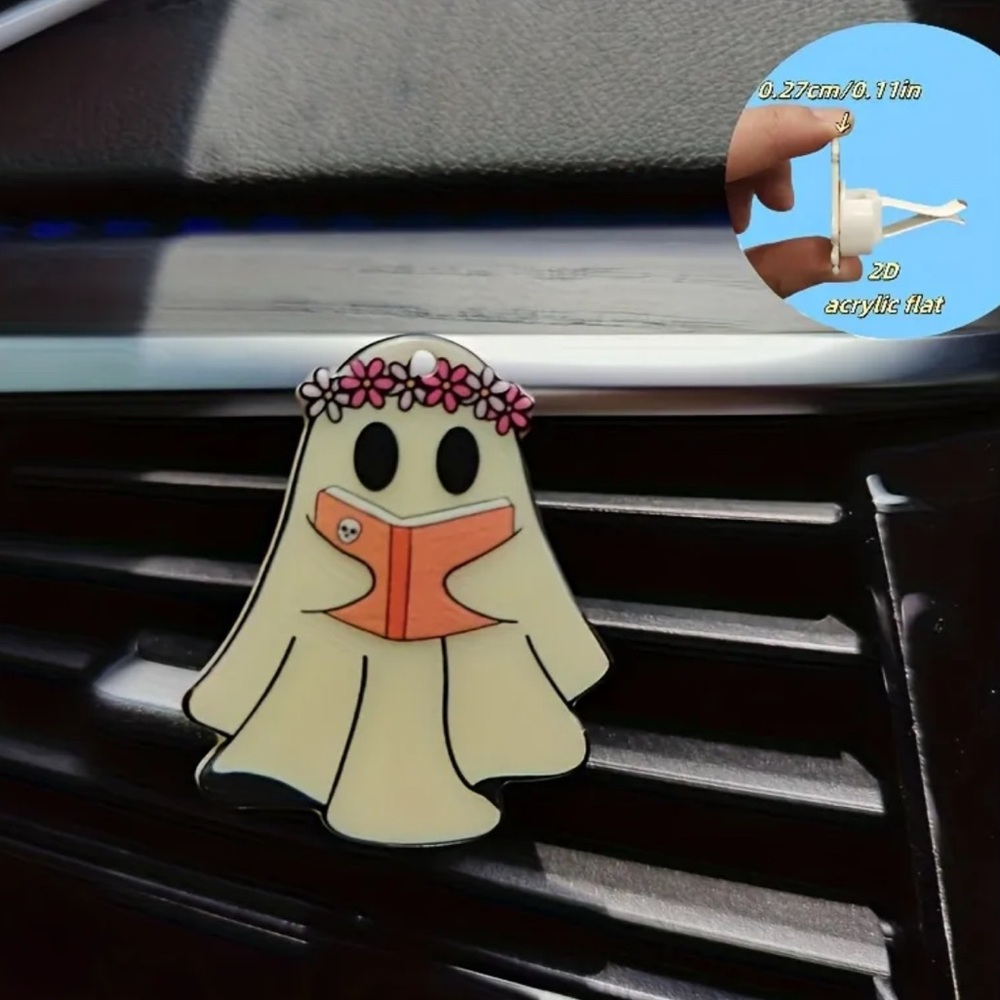 Book Reading Ghost Ghostie 2D Flat Car Vent Scent Diffuser Air Freshner Clip